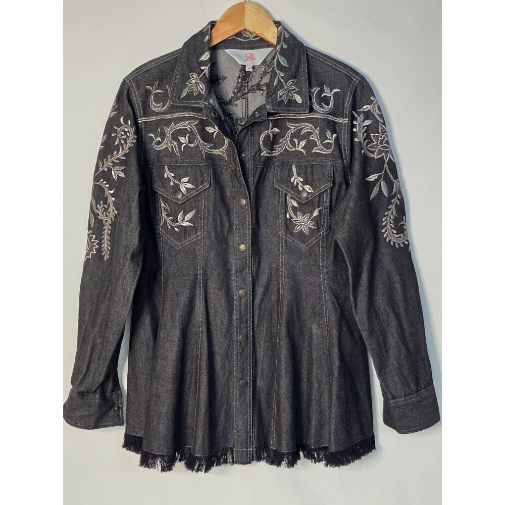 Roja Denim Western Embroidered Fringe Denim Tunic Top Shirt Button Front Medium